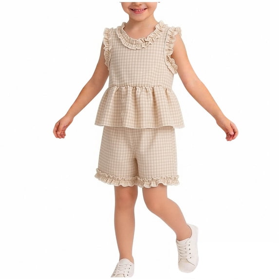 Amidoa Girls Summer 2 Piece Outfits Kids Ruffle Sleeve Tank Top and Shorts Casual Clothing Sets Beige Size 12