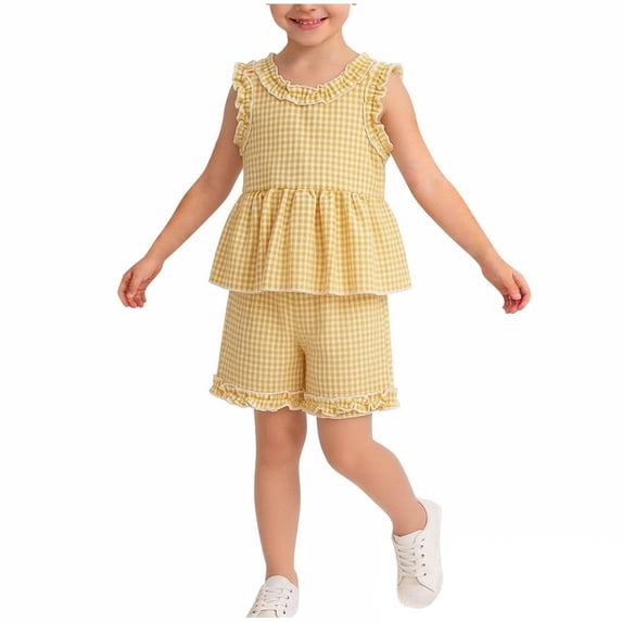 Amidoa Girls Summer 2 Piece Outfits Kids Ruffle Sleeve Tank Top and Shorts Casual Clothing Sets Yellow Size 2T