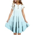 thumbnail image 1 of Amidoa Girls Summer Dresses A-Line Floral Print Short Sleeve Ruffled Dresses Kids Casual With Pockets Sundress Light Blue Size 14, 1 of 4