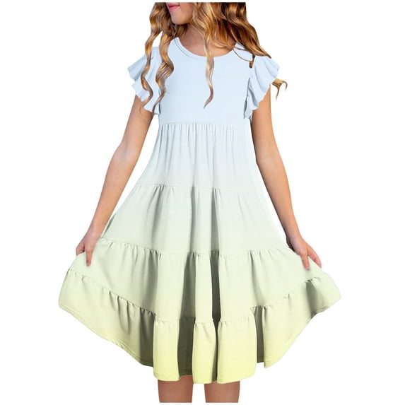 Amidoa Girls Summer Dresses A-Line Floral Print Short Sleeve Ruffled Dresses Kids Casual With Pockets Sundress Yellow Size 6