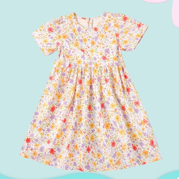 Amidoa Girls Summer Dresses A-Line Puff Sleeve Short Sleeve Dresses Print Cotton Kids Casual Sundress Pink Size 14