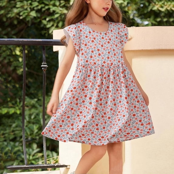 Amidoa Girls Summer Dresses Short Sleeve A-Line Flowy Dresses Midi Casual Floral Print Sundress Blue Size 11