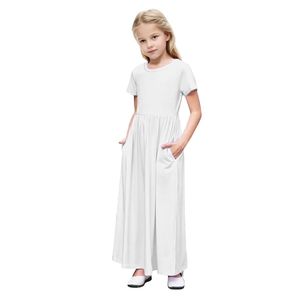 Amidoa Girls Summer Dresses Short Sleeve Dresses Ruched With Pockets Kids Casual Sundress White Size 4T