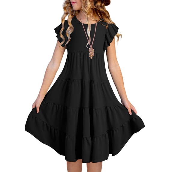 Amidoa Girls Summer Dresses Short Sleeve Ruffled A-Line Dresses Casual With Pockets Kids Sundress Black Size 6