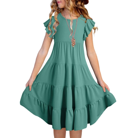 Amidoa Girls Summer Dresses Short Sleeve Ruffled A-Line Dresses Casual With Pockets Kids Sundress Green Size 10