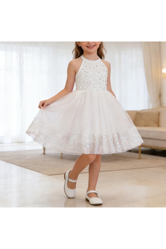 Girls Summer Dresses Sleeveless A-Line Cute Dresses Midi Mesh Casual Sundress,White Size 7