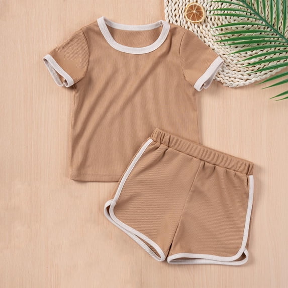 Amidoa Girls Summer Outfit Sets 2 Piece Cotton Graphic T-Shirt Tank Top and Shorts Set Kids Clothing Sets Brown Size 4T