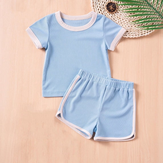 Amidoa Girls Summer Outfit Sets 2 Piece Cotton Graphic T-Shirt Tank Top and Shorts Set Kids Clothing Sets Light Blue Size 1T