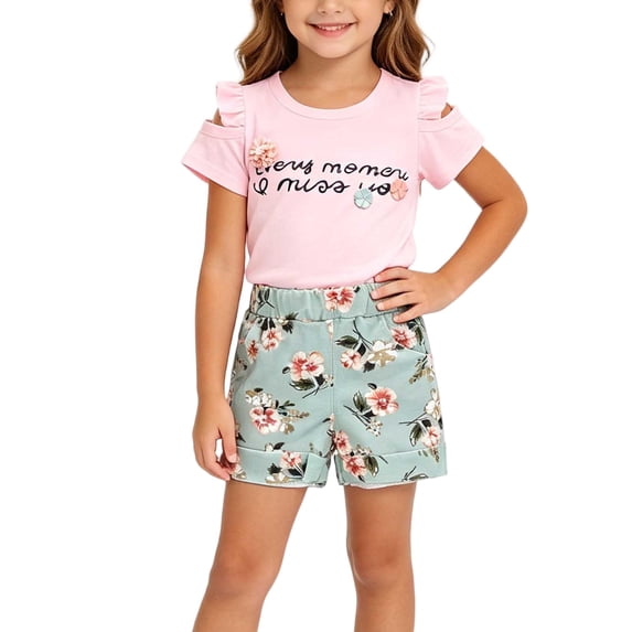 Amidoa Girls Summer Outfit Sets 2 Piece Graphic T-Shirt Short Sleeve and Shorts Set Kids Clothing Sets Pink Size 12-18 Months