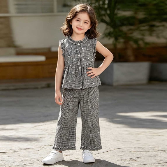 Amidoa Girls Summer Outfit Sets 2 Piece T-Shirt Cotton Tank Top and Casual Pants Set Kids Clothing Sets Black Size 6-8 Months
