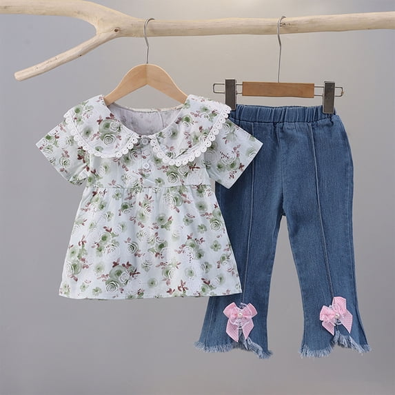 Amidoa Girls Summer Outfit Sets 2 Piece T-Shirt Tank Top Skirt Set Kids Clothing Sets Green Size 2T