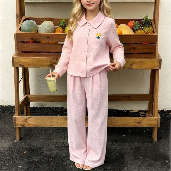 Amidoa Girls Summer Outfits 2 Piece Cute Long Sleeve Homewear Top and Casual Pants Kids Clothing Sets Pink Size 1