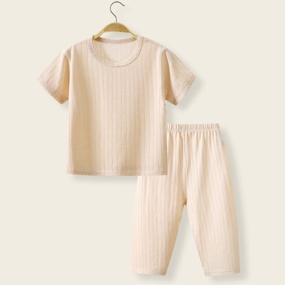 Amidoa Girls Summer Outfits 2 Piece Cute Short Sleeve Top and Casual Pants Kids Clothing Sets Beige Size 4