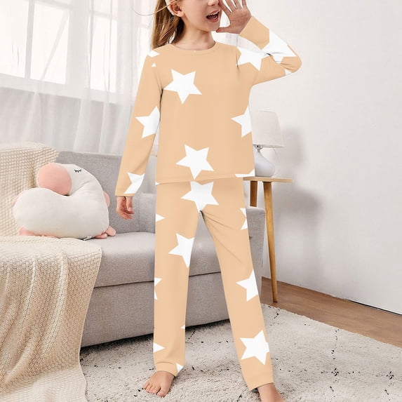 Amidoa Girls Summer Outfits 2 Piece Homewear Print Cute Long Sleeve Top and Pants Kids Clothing Sets Khaki Size 8