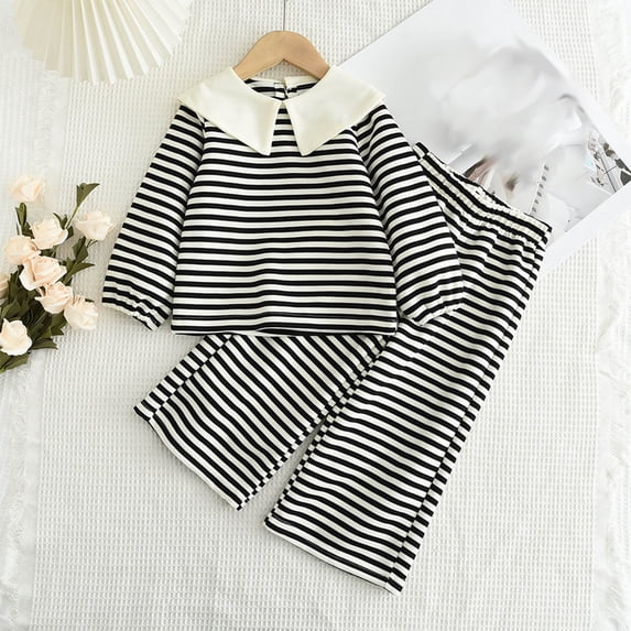 Amidoa Girls Summer Outfits 2 Piece Long Sleeve Cute T Shirt Top and Casual Pants Kids Clothing Sets,Black Size 6