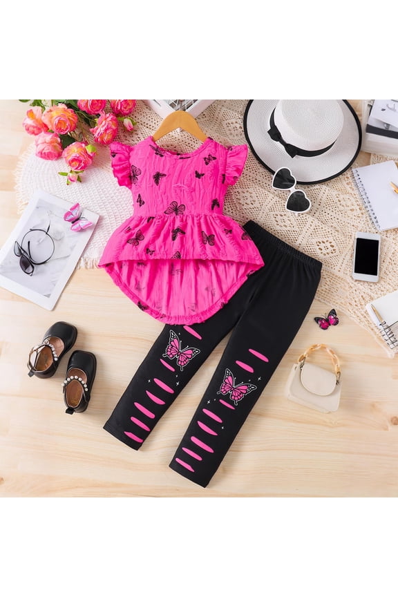 Girls Summer Outfits 2 Piece Print Short Sleeve Cute Top and Pants Kids Clothing Sets Hot Pink Size 2