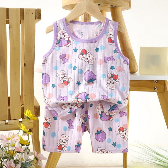 Amidoa Girls Summer Outfits 2 Piece Print T Shirt Cute Tank Top and Casual Shorts Kids Clothing Sets Purple Size 2
