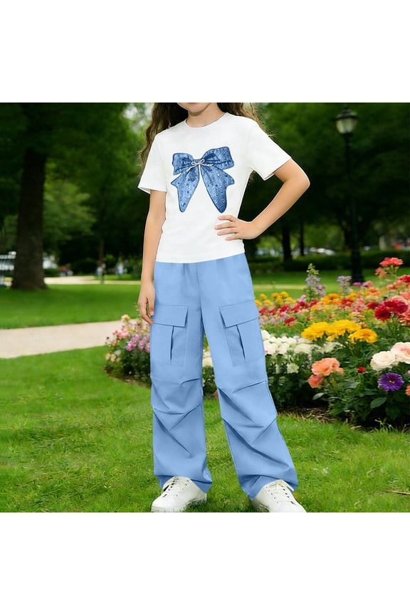 Girls Summer Outfits 2 Piece Short Sleeve Cute Print Top and Casual Pants Kids Clothing Sets Blue Size 12