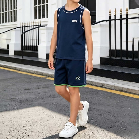 Amidoa Girls Summer Outfits 2 Piece Short Sleeve T Shirt Solid Color Cute Top and Casual Shorts Kids Clothing Sets,Navy Size 8