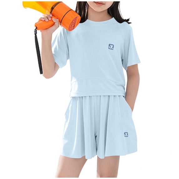 Amidoa Girls Summer Outfits Cotton Tank Topand Summer Kids Casual Short Clothing Set Blue Size 7