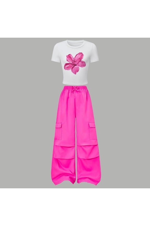 Girls Summer Outfits Floral Print Crewneck Short Sleeves T-Shirts and Elastic Waist Summer Casual Kids Clothing Set,Hot Pink Size 11