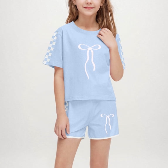 Amidoa Girls Summer Outfits Short Sleeves T-Shirts and Summer Casual Kids Short Clothing Set Sky Blue Size 5T