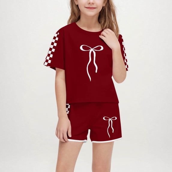 Amidoa Girls Summer Outfits Short Sleeves T-Shirts and Summer Casual Kids Short Clothing Set Wine Size 5T