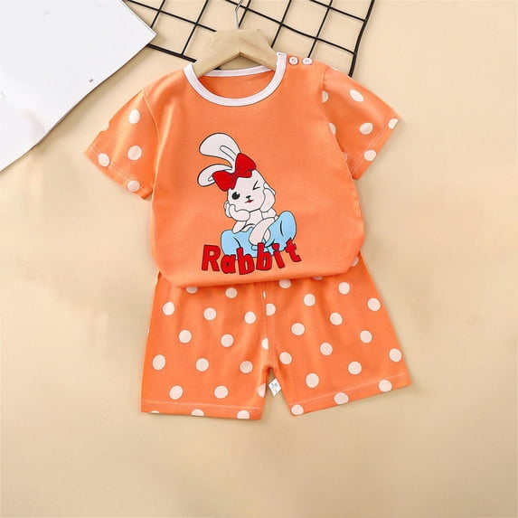 Amidoa Girls Summer Outfits Short Sleeves T-Shirts and Summer Casual Kids Short Clothing Set Orange Size 2T