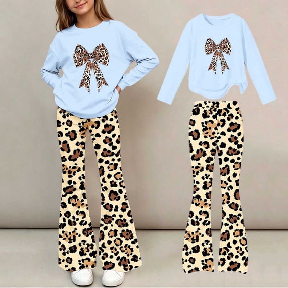 Amidoa Girls Sweatsuits 2pcs Sets Casual Fall Winter Clothes Cute Fleece Floral Print Sweatshirt and Slightly Flared Sweatpants Back to School Outfits Blue Size 9-10 Years