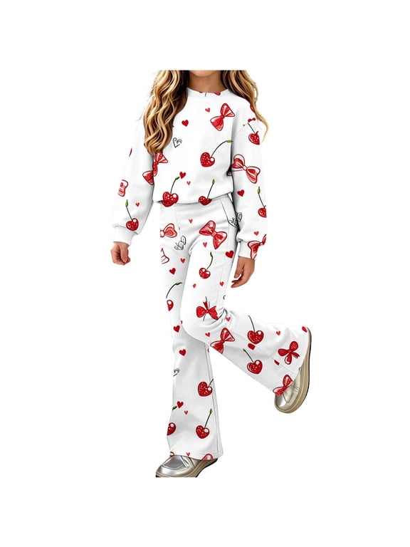 Girls Sweatsuits 2pcs Sets Cute Fall Winter Clothes Casual Floral Print Sweatshirt and Sweatpants Back to School Outfits Size 5-6Years