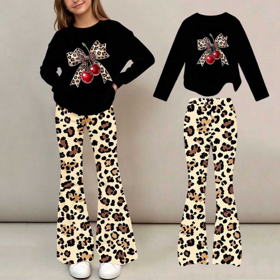 Amidoa Girls Sweatsuits 2pcs Sets Cute Fall Winter Clothes Floral Print Casual Fleece Sweatshirt and Slightly Flared Sweatpants Back to School Outfits Black Size 11-12 Years