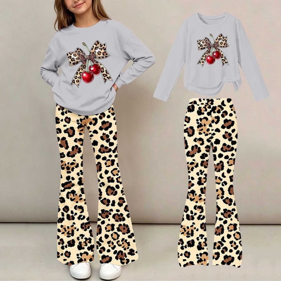 Amidoa Girls Sweatsuits 2pcs Sets Cute Fall Winter Clothes Floral Print Casual Fleece Sweatshirt and Slightly Flared Sweatpants Back to School Outfits Gray Size 5-6 Years