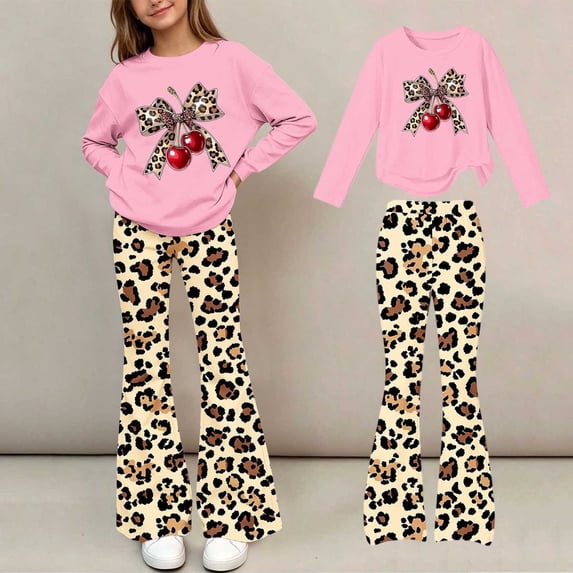 Amidoa Girls Sweatsuits 2pcs Sets Cute Fall Winter Clothes Floral Print Casual Fleece Sweatshirt and Slightly Flared Sweatpants Back to School Outfits Pink Size 7-8 Years