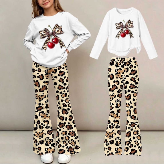 Amidoa Girls Sweatsuits 2pcs Sets Cute Fall Winter Clothes Floral Print Casual Fleece Sweatshirt and Slightly Flared Sweatpants Back to School Outfits White Size 7-8 Years