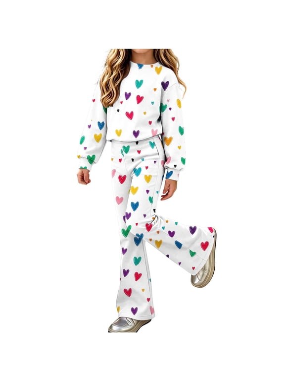 Girls Sweatsuits 2pcs Sets Fall Winter Clothes Casual Floral Print Cute Sweatshirt and Sweatpants Back to School Outfits Size 5-6Years