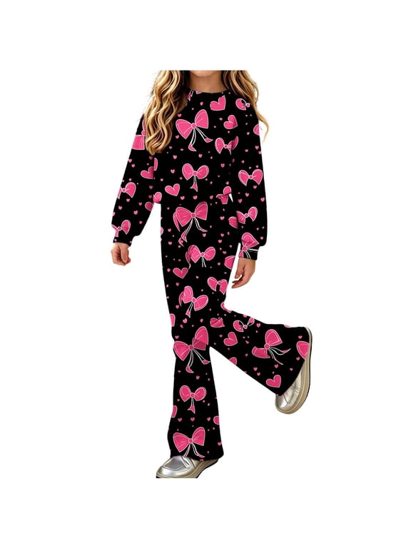 Girls Sweatsuits 2pcs Sets Fall Winter Clothes Cute Floral Print Casual Sweatshirt and Sweatpants Back to School Outfits Size 5-6Years