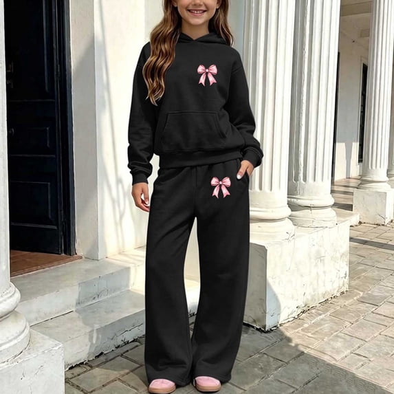 Amidoa Girls Sweatsuits 2pcs Sets Fall Winter Clothes Fleece Soft Tracksuit Cute Hoodie and Wide Leg Sweatpants Casual Kids Back to School Outfits Black Size 5-6 Years