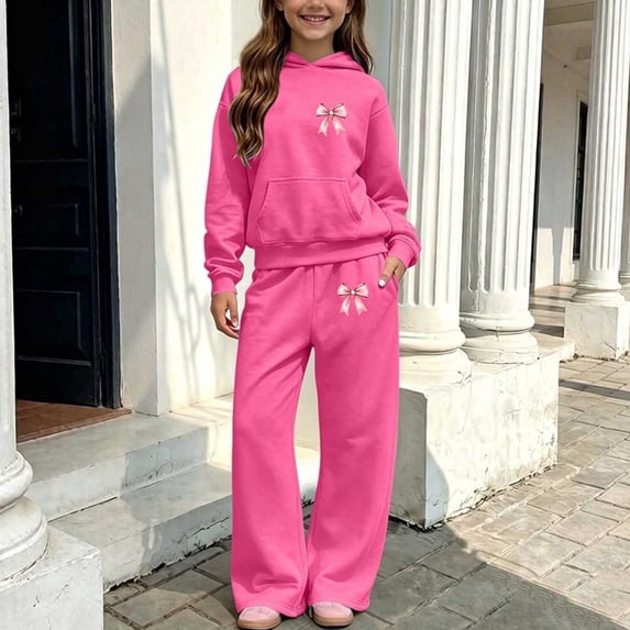 Amidoa Girls Sweatsuits 2pcs Sets Fall Winter Clothes Fleece Soft Tracksuit Cute Hoodie and Wide Leg Sweatpants Casual Kids Back to School Outfits Hot Pink Size 5-6 Years