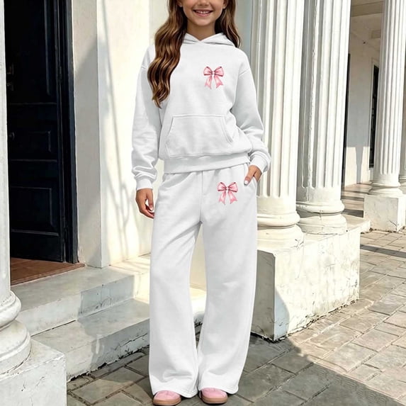 Amidoa Girls Sweatsuits 2pcs Sets Fall Winter Clothes Fleece Soft Tracksuit Cute Hoodie and Wide Leg Sweatpants Casual Kids Back to School Outfits White Size 9-10 Years