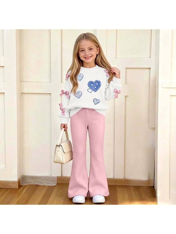 Girls Sweatsuits 2pcs Sets Fall Winter Clothes Sweatshirt and Flared Sweatpants Back to School Outfits Beige Size 11-12 Years