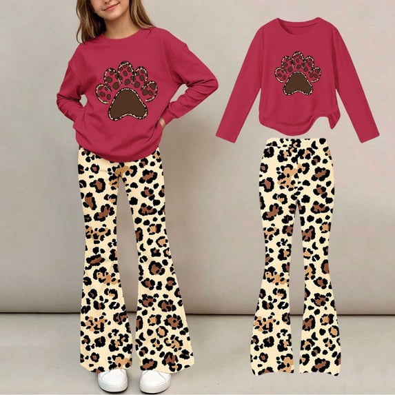 Amidoa Girls Sweatsuits 2pcs Sets Fall Winter Clothes Sweatshirt and Slightly Flared Sweatpants Back to School Outfits Red Size 5-6 Years