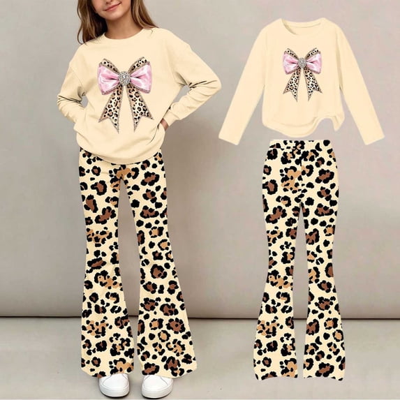 Amidoa Girls Sweatsuits 2pcs Sets Floral Print Fall Winter Clothes Cute Casual Fleece Sweatshirt and Slightly Flared Sweatpants Back to School Outfits Beige Size 11-12 Years