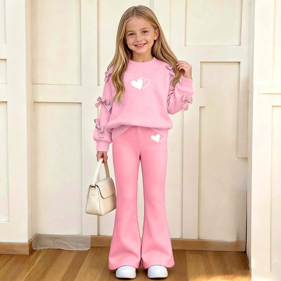 Amidoa Girls Sweatsuits 2pcs Sets Pullover Fall Winter Clothes Cute Tracksuit Floral Print Sweatshirt and Flared Sweatpants Kids Casual Back to School Outfits Pink Size 11-12 Years