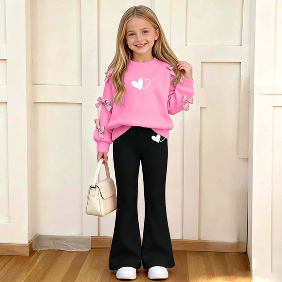 Amidoa Girls Sweatsuits 2pcs Sets Pullover Fall Winter Clothes Cute Tracksuit Floral Print Sweatshirt and Flared Sweatpants Kids Casual Back to School Outfits Hot Pink Size 13-14 Years
