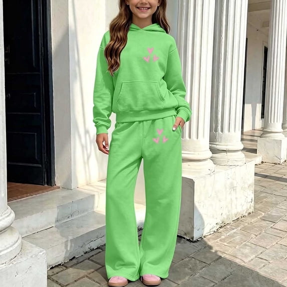 Amidoa Girls Sweatsuits 2pcs Sets Tracksuit Fall Winter Clothes Soft Fleece Cute Hoodie and Wide Leg Sweatpants Casual Kids Back to School Outfits Green Size 7-8 Years