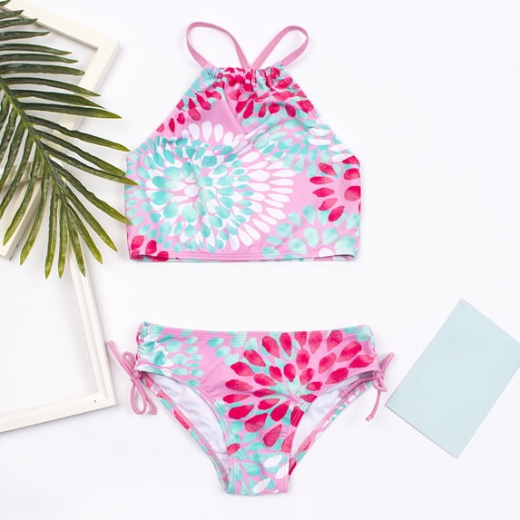 Amidoa Girls Swimsuit Bathing Suit Summer Ruffle Sleeve Floral Print Swim Set Swimwear,Pink,10