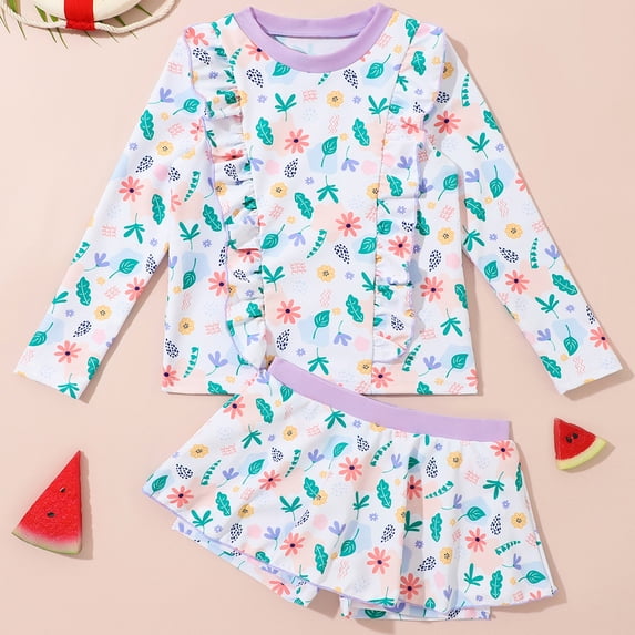 Amidoa Girls Swimsuit Long Sleeve Rash Guards Bathing Suit Floral Print Swim Set Summer Swimwear,Multicolor,6 Years