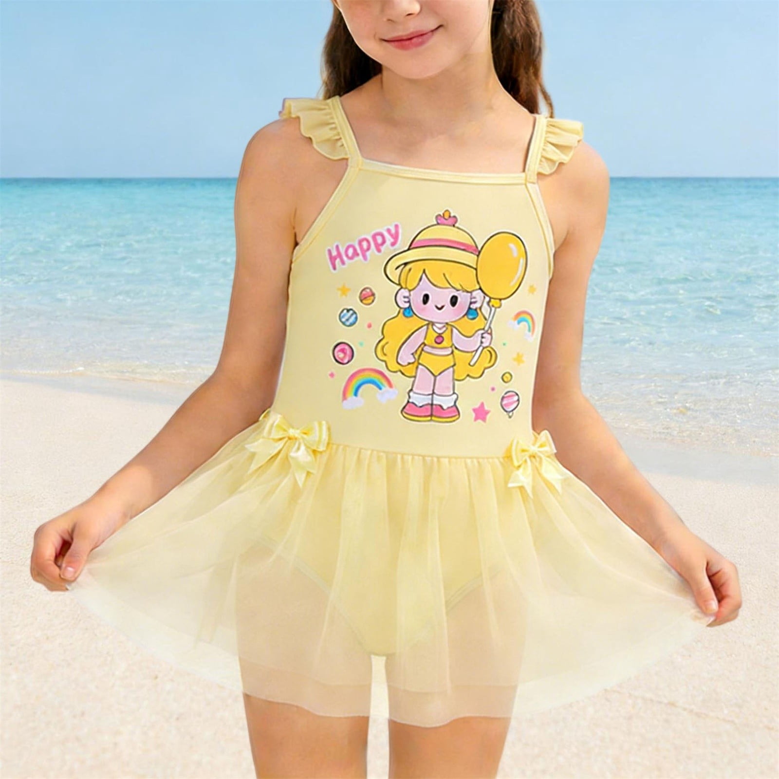 Amidoa Girls Swimsuit One Piece Skirt Mesh Cover Fly Sleeves Bathing ...