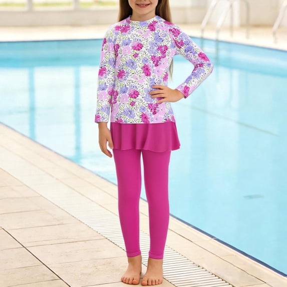 Amidoa Girls Swimsuit Rash Guards Long Sleeve Skirted Bathing Suit Summer Swim Set Swimwear,Watermelon Red,4