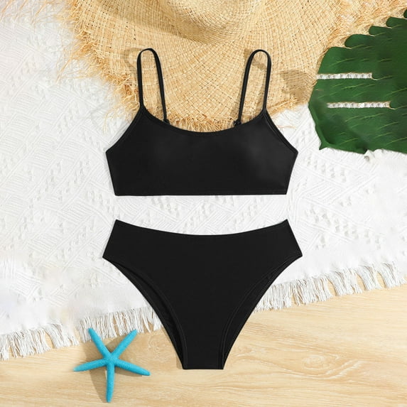 Amidoa Girls Swimsuit Solid Color Bathing Suit Two Piece Summer Swimwear,Black,8Y